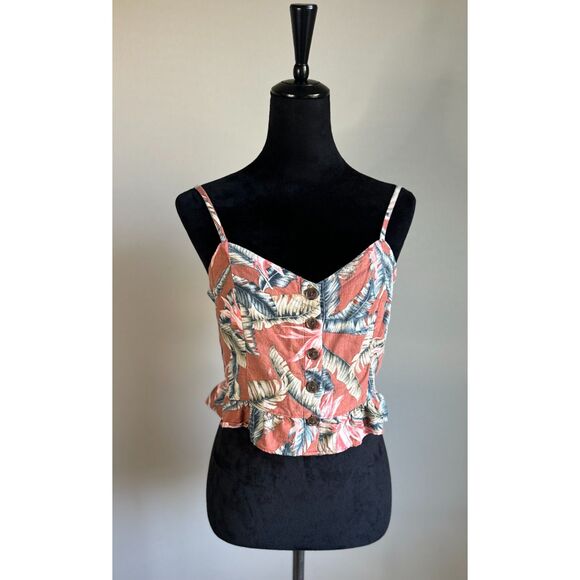 LOFT Women's Tropical Leaf Print Linen Blend Ruffle Button Front Cropped Top 6 - Picture 1 of 8